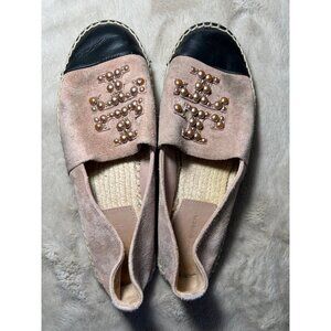 Tory Burch Pink Suede Espadrille Flats W/ Pearl Logo & Black Toe Cap